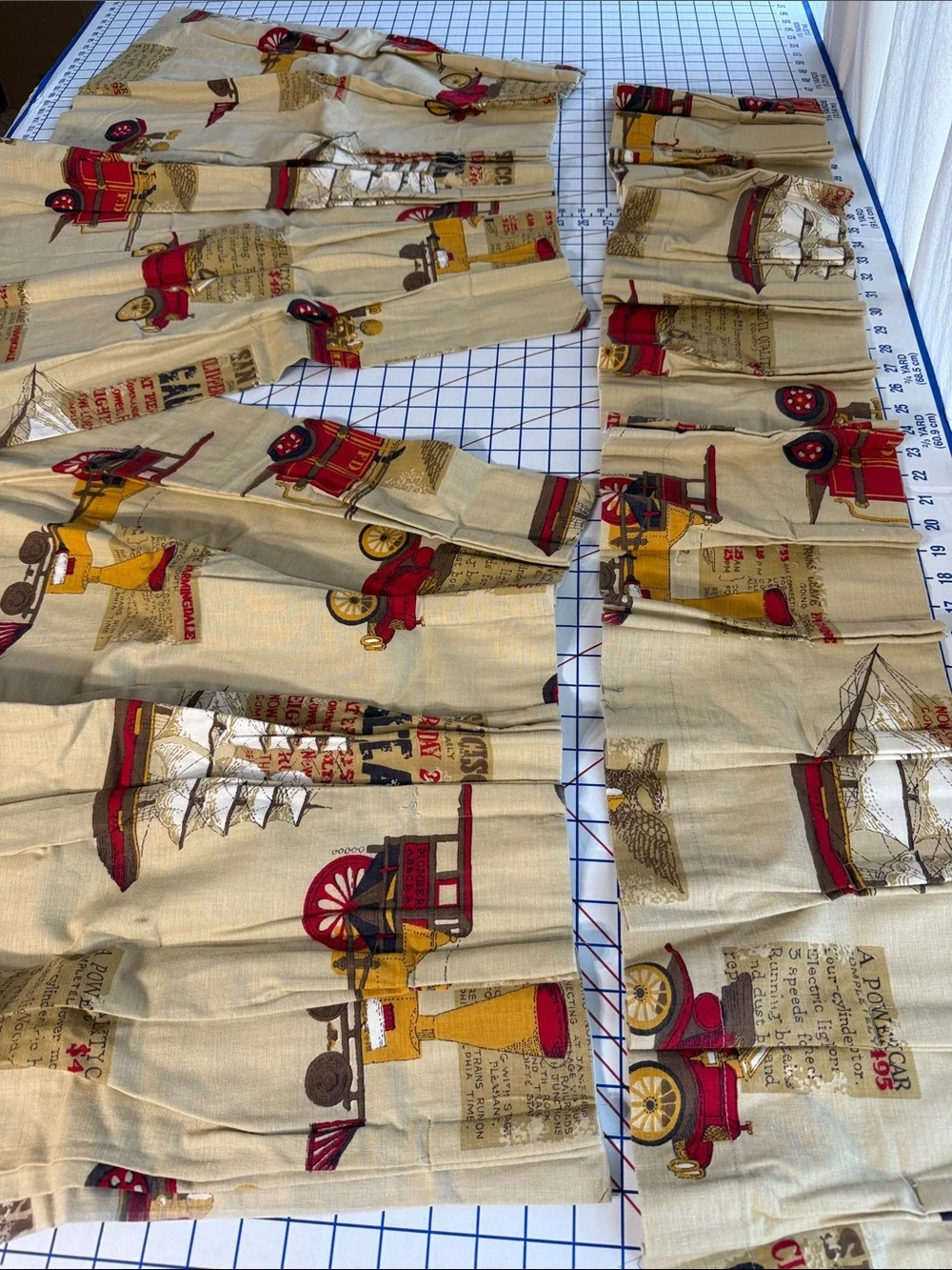 Vintage Mid Century Novelty Kitchen Curtain Set Cars Trains Ships Fire Engines